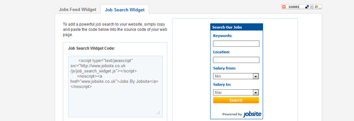 A screen shot of the Jobsite Job Search Widgets